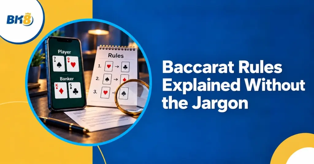 Baccarat Player and Banker hands beside a rules notebook.