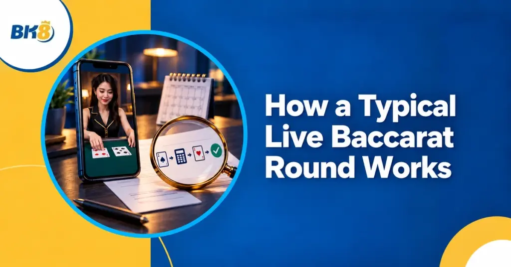 A live baccarat round illustrated with cards, calculation and result symbols.