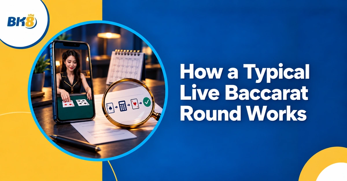 A live baccarat round illustrated with cards, calculation and result symbols.
