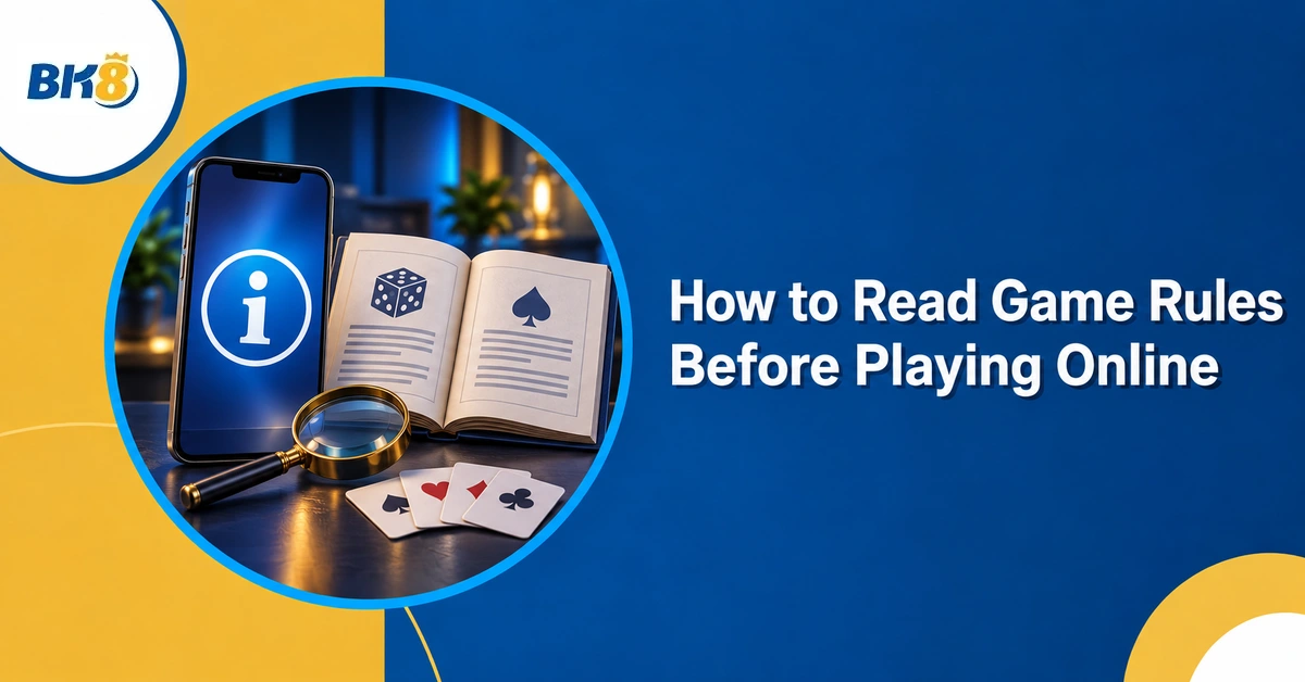 Smartphone with an information icon beside an open rulebook, magnifying glass and cards.