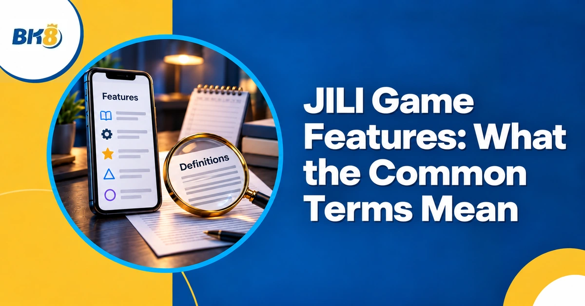 Smartphone glossary and magnifying glass illustrating common game feature terms