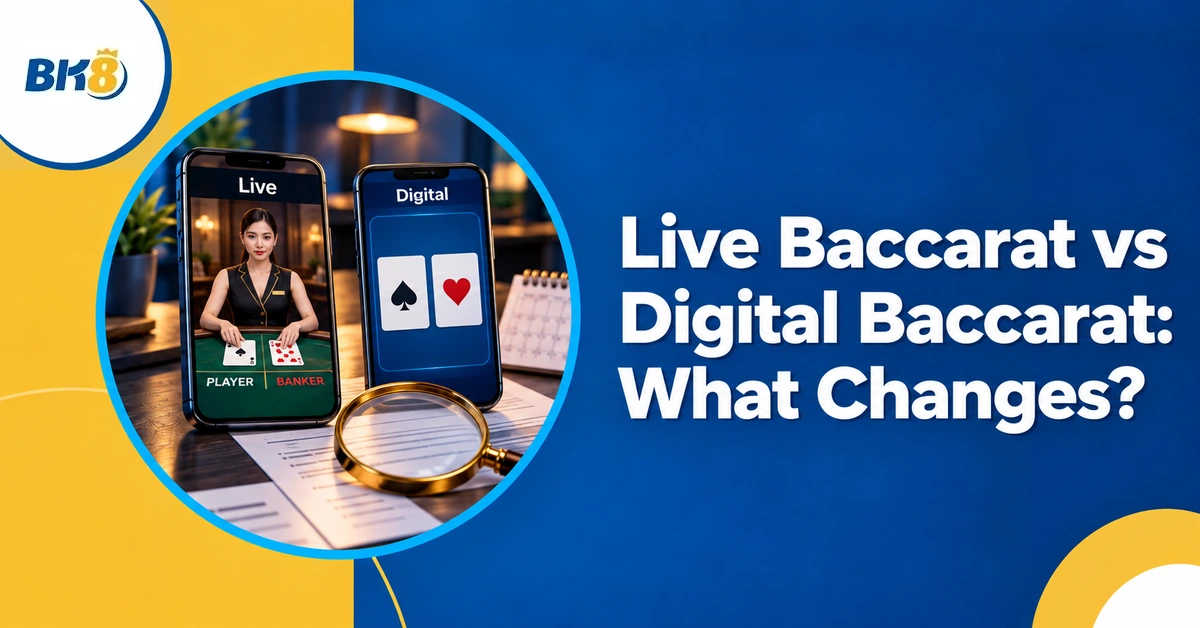 Live dealer and digital baccarat screens compared side by side.