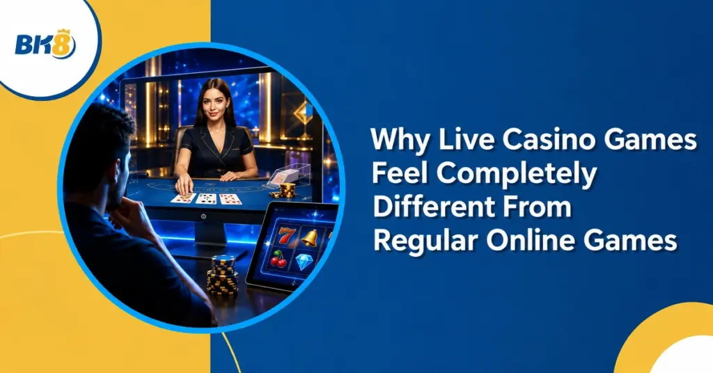 Live dealer on a monitor beside digital casino games, illustrating how live casino differs from regular online games.