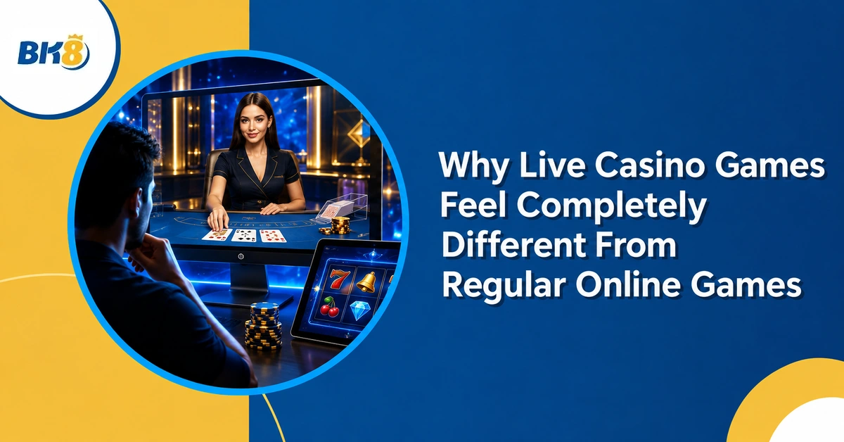 Live dealer on a monitor beside digital casino games, illustrating how live casino differs from regular online games.