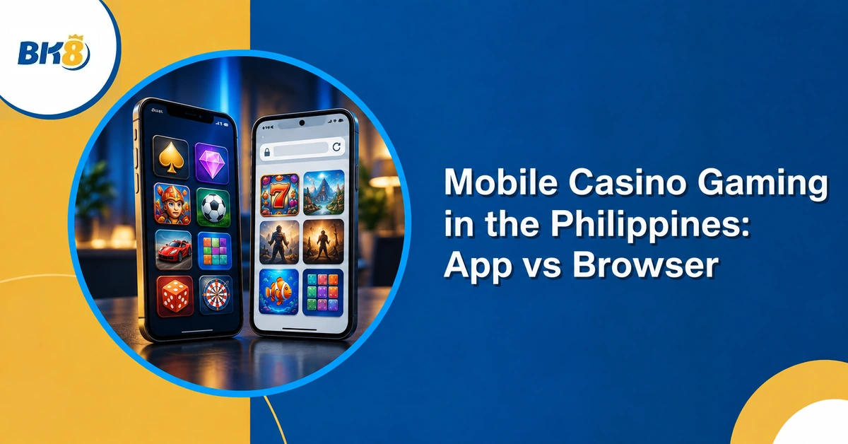 Two smartphones comparing an app interface with a mobile browser.