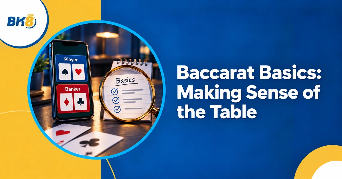 Baccarat table labels beside a basics checklist.